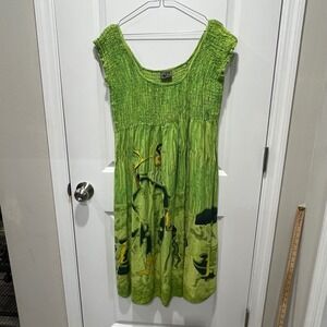 Meetu Magic The African Scene Smocked‎ Ruffled Dress Green 3X Rayon